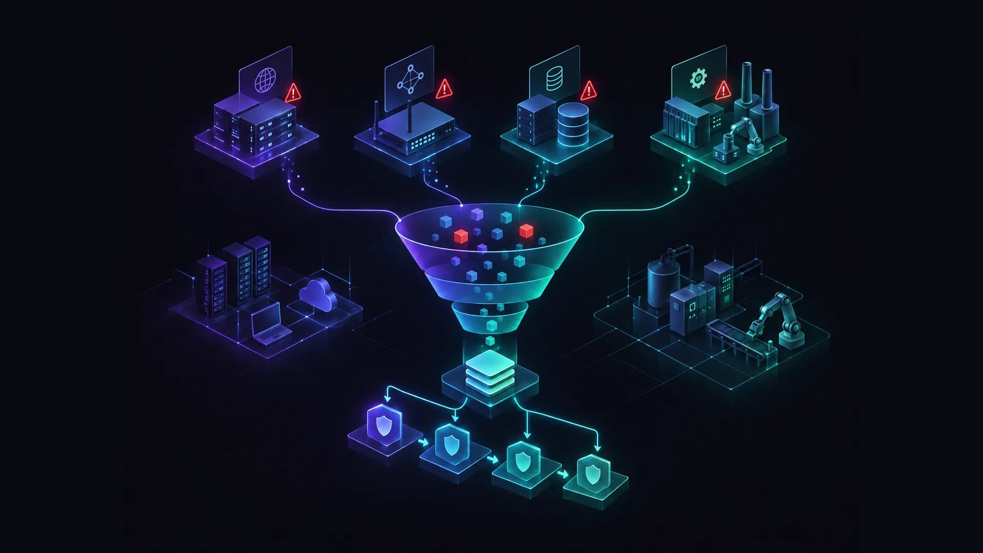 Isometric illustration of connected network nodes arranged in layers, representing patch prioritization for critical vulnerabilities in IT and OT environments.