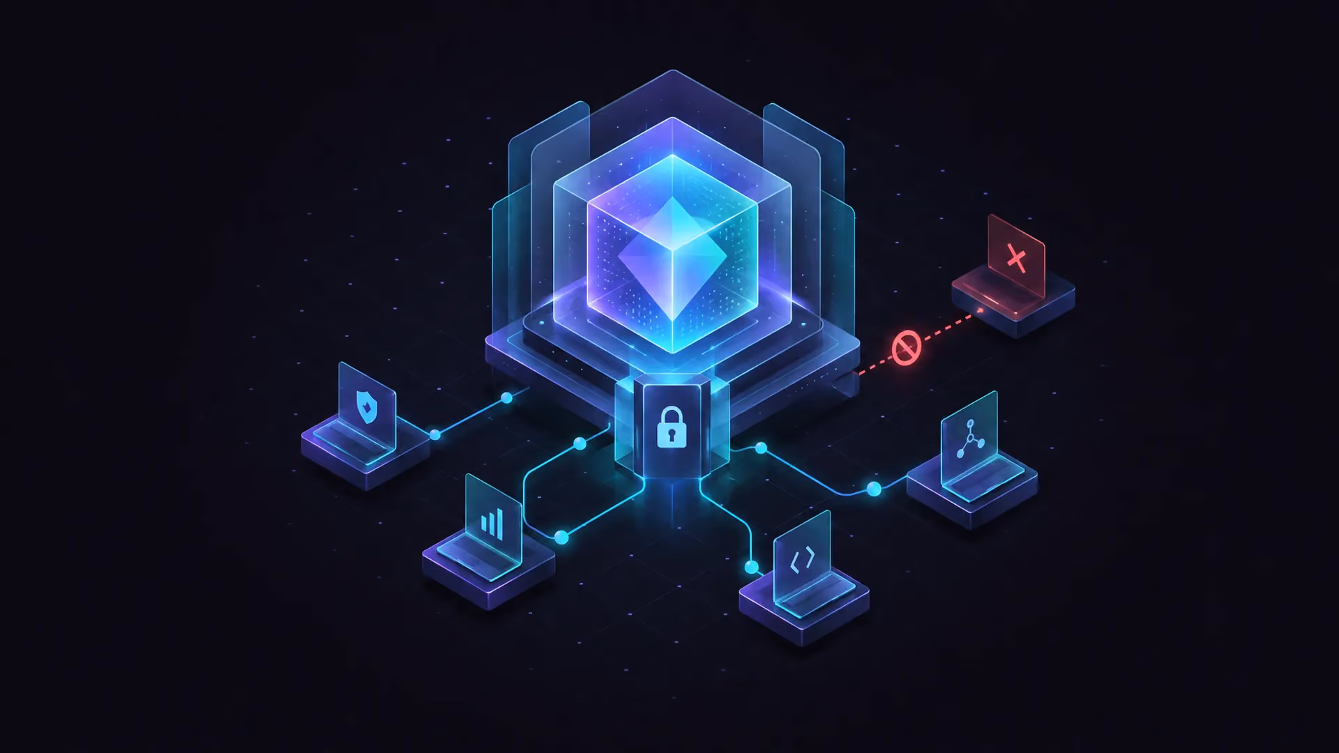 Isometric illustration of a closed core surrounded by layers and connected nodes, representing a cybersecurity AI model with restricted access.